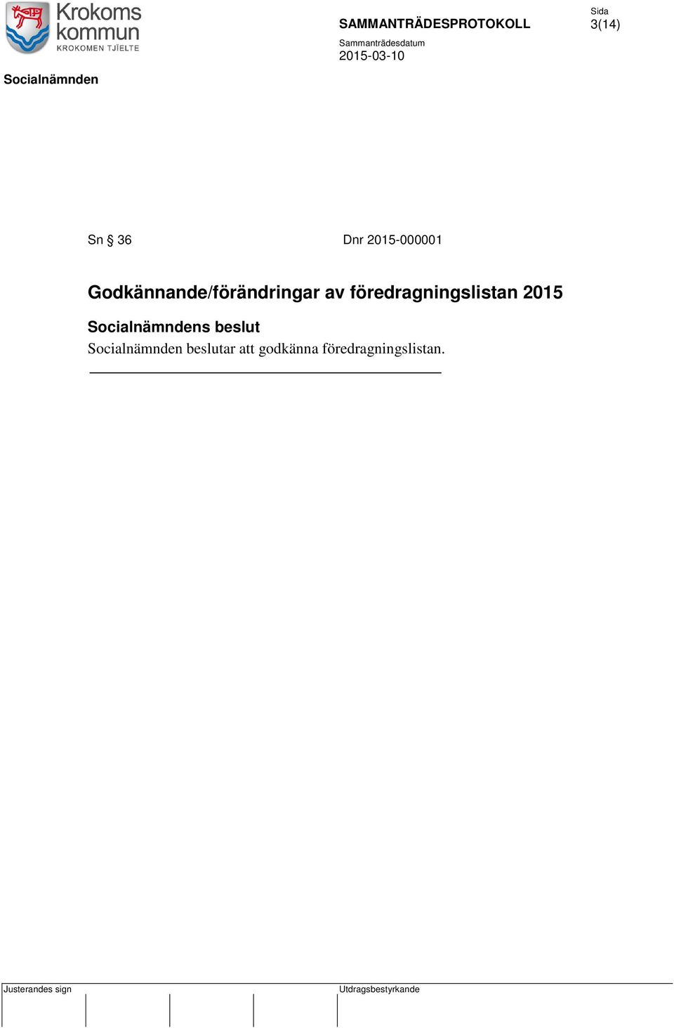 föredragningslistan 2015 Socialnämndens