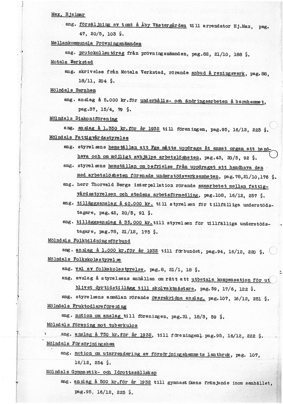 ändringsarbeten åbarnhemmet, pag.3?, 15/4, 79. Mölndals Diakonifören ing ang. anslag å 1.350 kr.för tr 1932 till föreningen, pag.95, 16/12, 223.