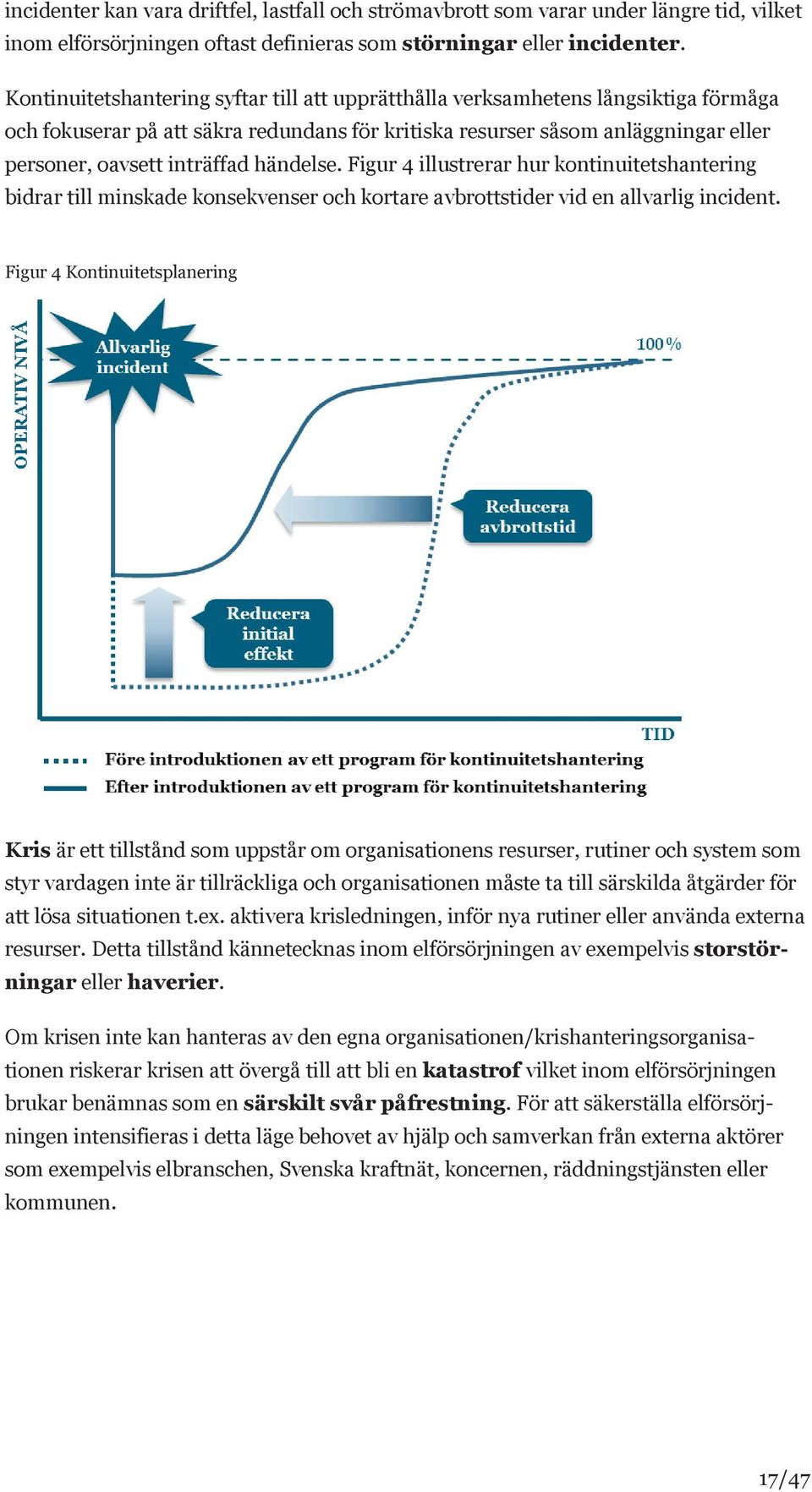 händelse. Figur 4 illustrerar hur kontinuitetshantering bidrar till minskade konsekvenser och kortare avbrottstider vid en allvarlig incident.