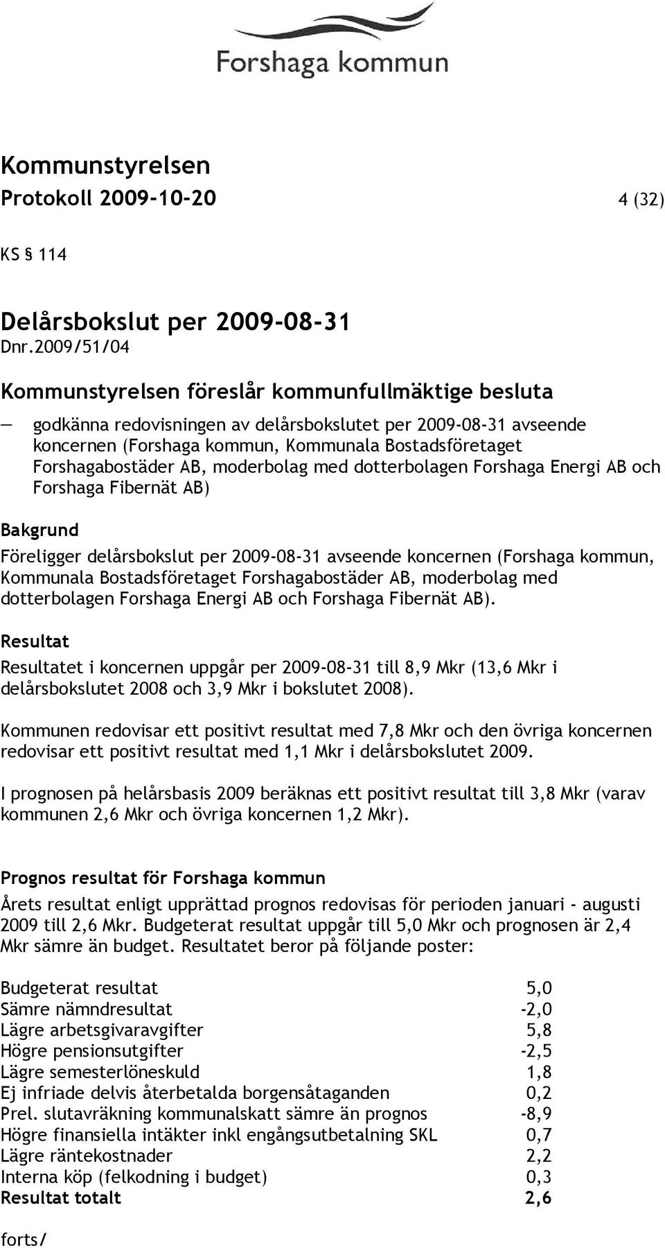 AB, moderbolag med dotterbolagen Forshaga Energi AB och Forshaga Fibernät AB) Bakgrund Föreligger delårsbokslut per 2009-08-31 avseende koncernen (Forshaga kommun, Kommunala Bostadsföretaget