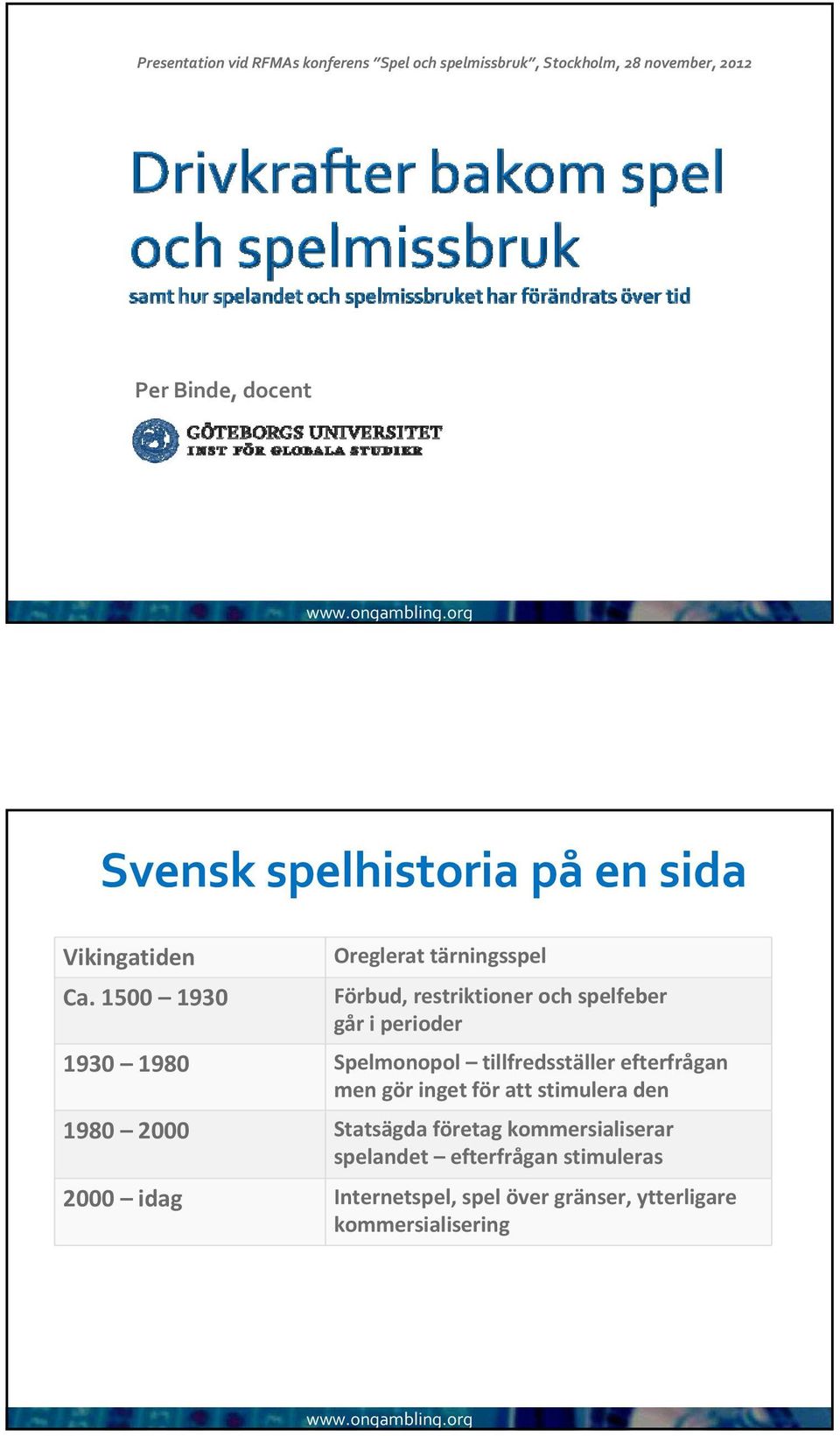 1500 1930 Oreglerat tärningsspel Förbud, restriktioner och spelfeber går i perioder 1930 1980 Spelmonopol