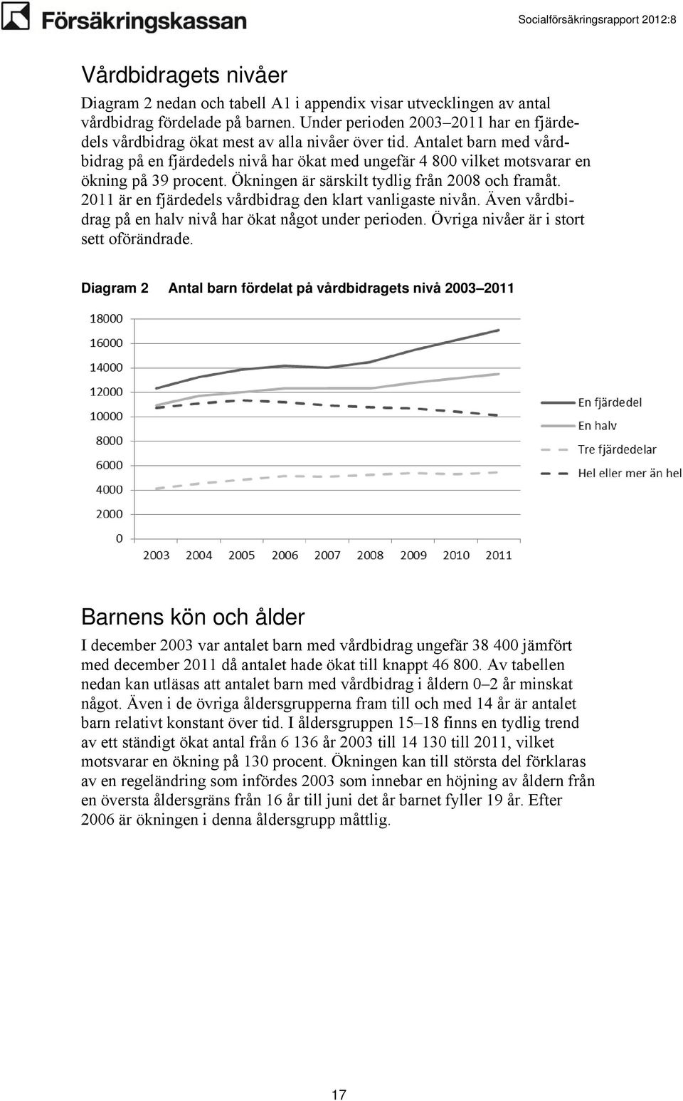 Antalet barn med vårdbidrag på en fjärdedels nivå har ökat med ungefär 4 800 vilket motsvarar en ökning på 39 procent. Ökningen är särskilt tydlig från 2008 och framåt.