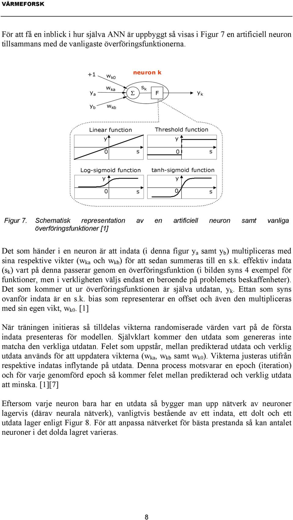 Schematisk representation av en artificiell neuron samt vanliga överföringsfunktioner [1] Det som händer i en neuron är att indata (i denna figur y a samt y b ) multipliceras med sina respektive