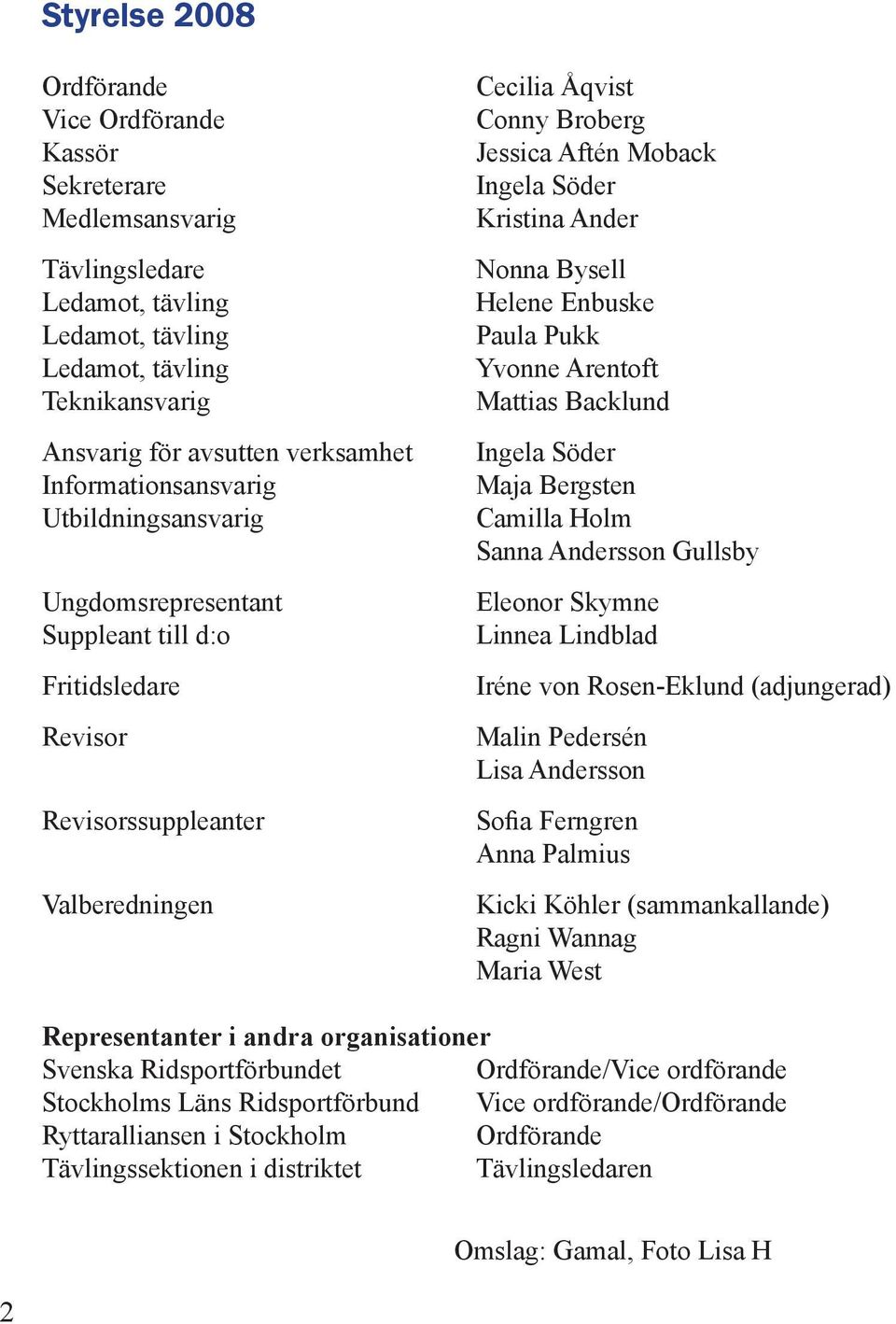 Kristina Ander Nonna Bysell Helene Enbuske Paula Pukk Yvonne Arentoft Mattias Backlund Ingela Söder Maja Bergsten Camilla Holm Sanna Andersson Gullsby Eleonor Skymne Linnea Lindblad Iréne von