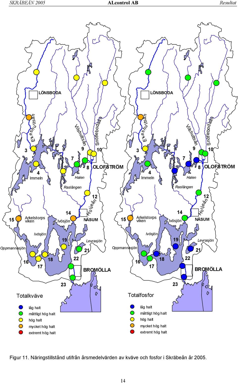 Ivösjön 17 Totalkväve 18 19 3 Levrasjön 1 BROMÖLLA Oppmannasjön 1 Ivösjön 17 Totalfosfor 18 19 3 Levrasjön 1 BROMÖLLA låg halt måttligt hög halt hög halt mycket hög