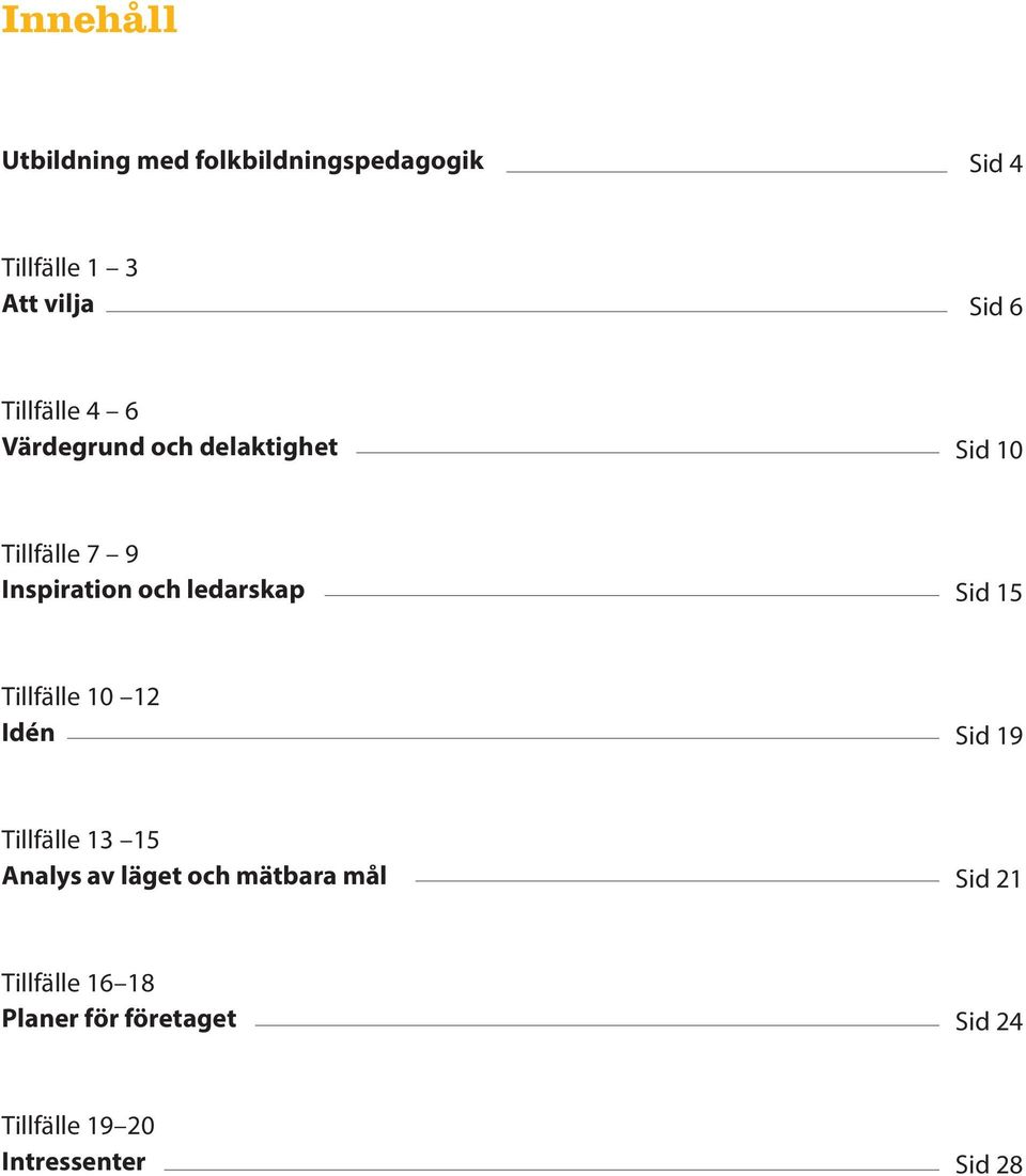 ledarskap Sid 15 Tillfälle 10 12 Idén Sid 19 Tillfälle 13 15 Analys av läget och