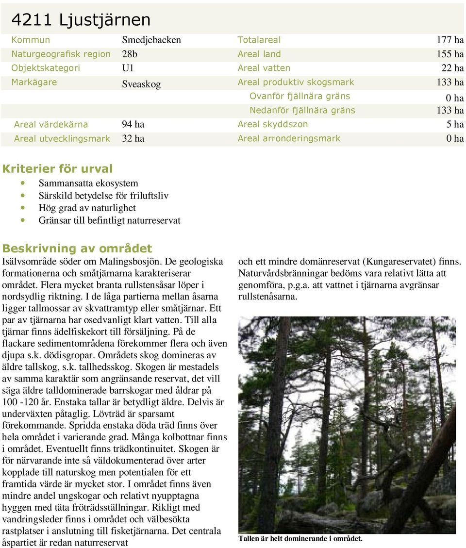 Särskild betydelse för friluftsliv Hög grad av naturlighet Gränsar till befintligt naturreservat Beskrivning av området Isälvsområde söder om Malingsbosjön.
