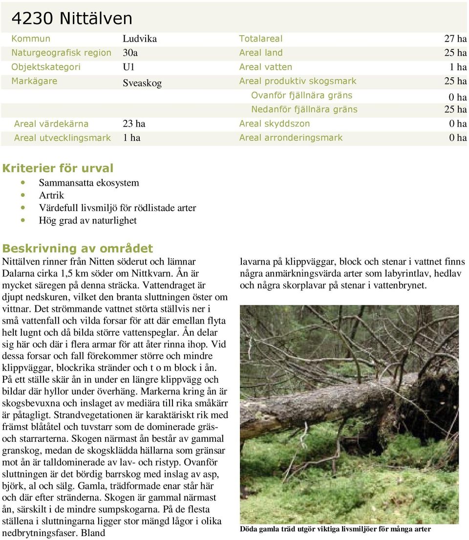 livsmiljö för rödlistade arter Hög grad av naturlighet Beskrivning av området Nittälven rinner från Nitten söderut och lämnar Dalarna cirka 1,5 km söder om Nittkvarn.