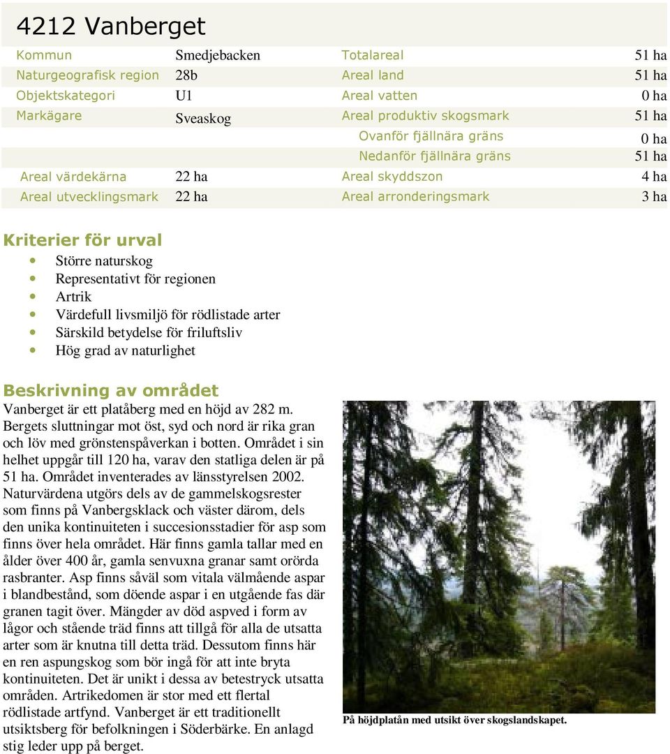 Representativt för regionen Artrik Värdefull livsmiljö för rödlistade arter Särskild betydelse för friluftsliv Hög grad av naturlighet Beskrivning av området Vanberget är ett platåberg med en höjd av