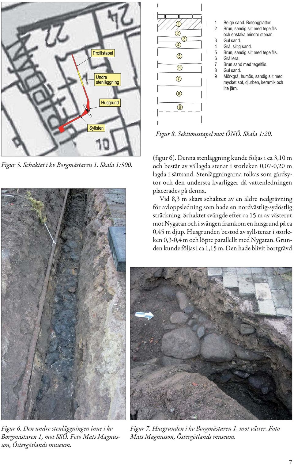 Sektionsstapel mot ÖNÖ. Skala 1:20. Figur 5. Schaktet i kv Borgmästaren 1. Skala 1:500. (figur 6).