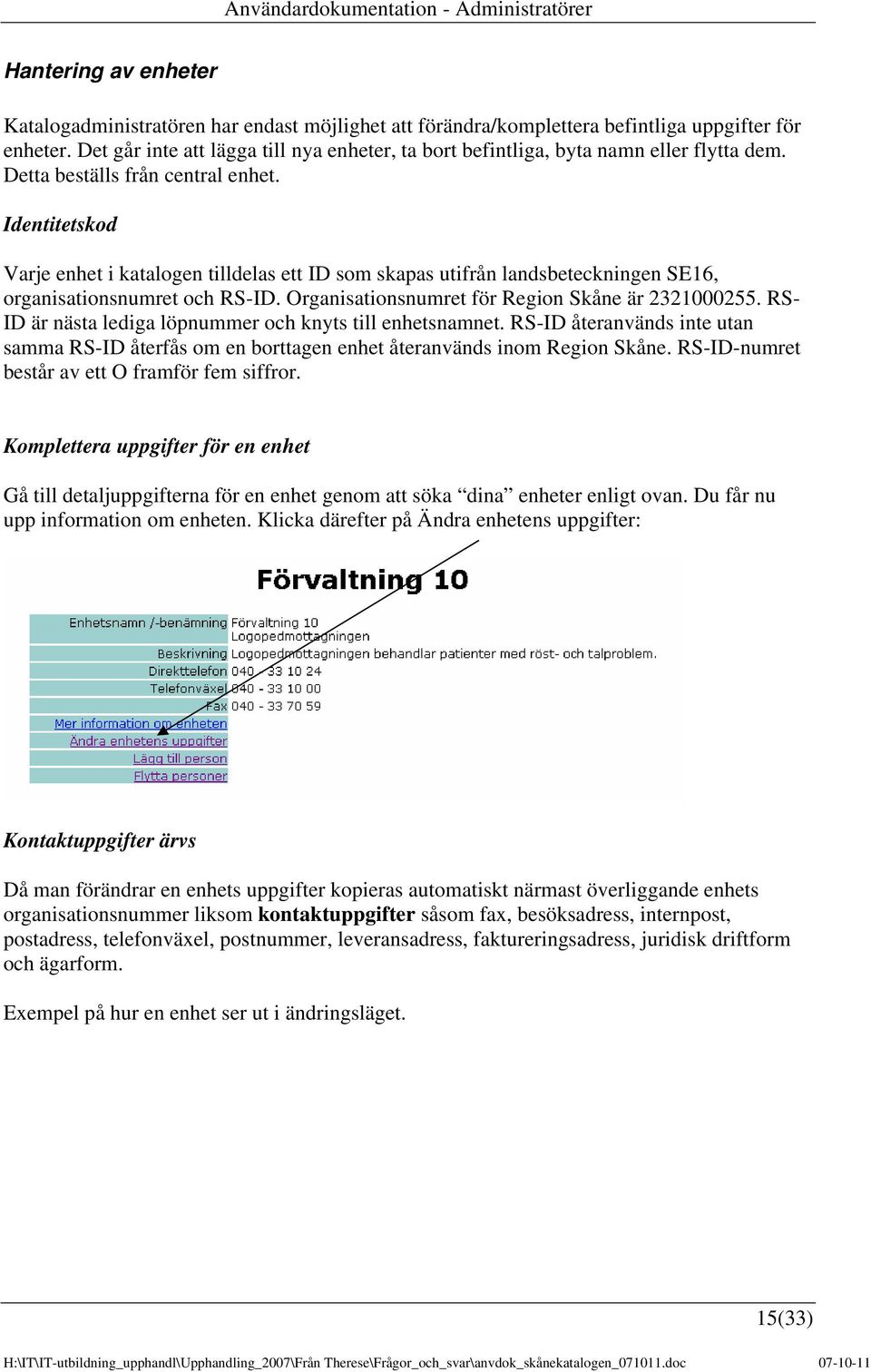 Identitetskod Varje enhet i katalogen tilldelas ett ID som skapas utifrån landsbeteckningen SE16, organisationsnumret och RS-ID. Organisationsnumret för Region Skåne är 2321000255.