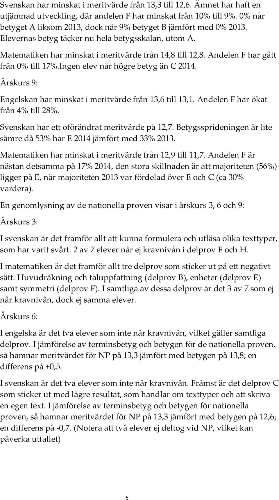 Andelen F har gått från 0% till 17%.Ingen elev når högre betyg än C 2014. Årskurs 9: Engelskan har minskat i meritvärde från 13,6 till 13,1. Andelen F har ökat från 4% till 28%.