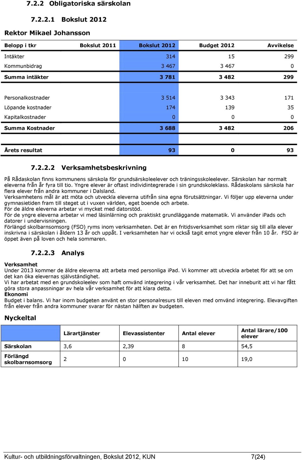 Särskolan har normalt eleverna från år fyra till tio. Yngre elever är oftast individintegrerade i sin grundskoleklass. Rådaskolans särskola har flera elever från andra kommuner i Dalsland.