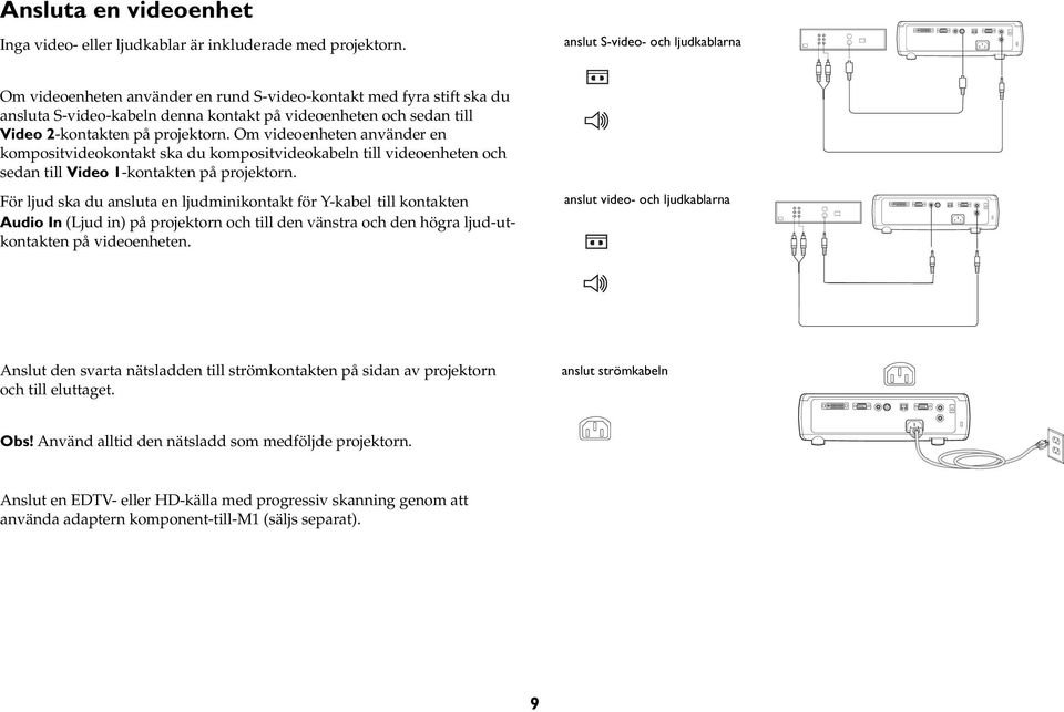 projektorn. Om videoenheten använder en kompositvideokontakt ska du kompositvideokabeln till videoenheten och sedan till Video 1-kontakten på projektorn.