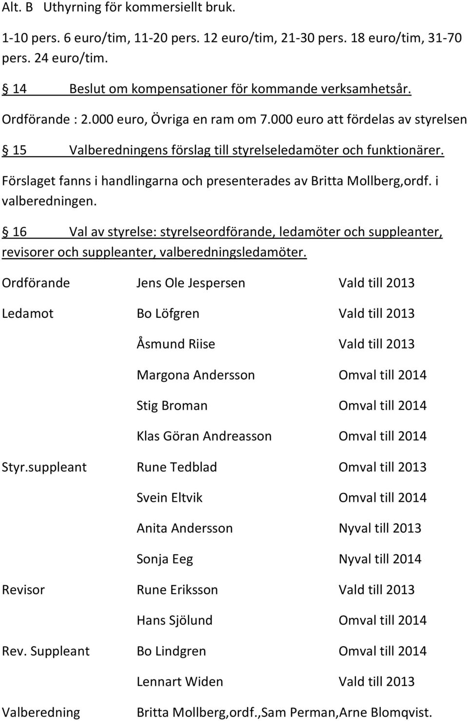 Förslaget fanns i handlingarna och presenterades av Britta Mollberg,ordf. i valberedningen.