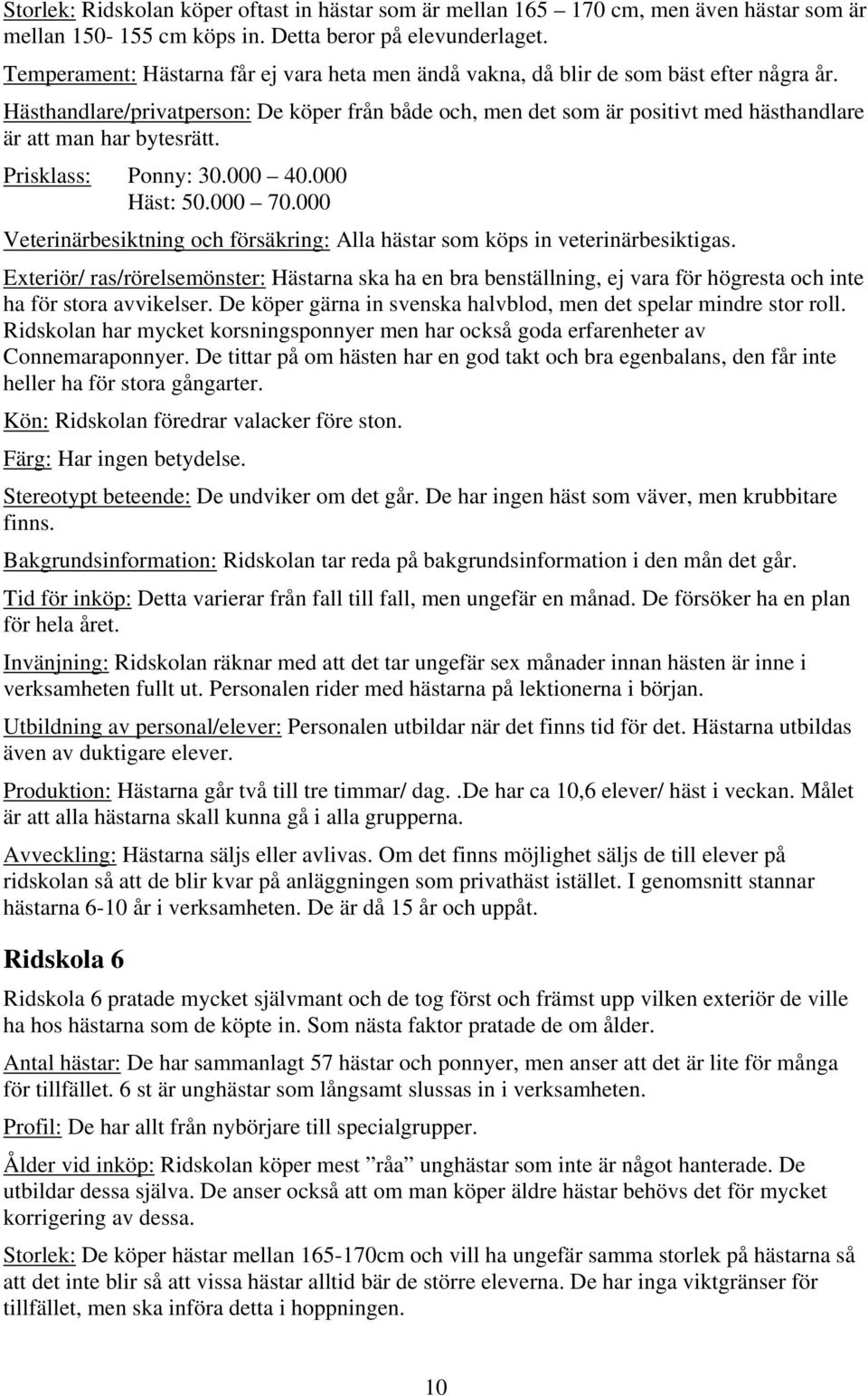 Hästhandlare/privatperson: De köper från både och, men det som är positivt med hästhandlare är att man har bytesrätt. Prisklass: Ponny: 30.000 40.000 Häst: 50.000 70.