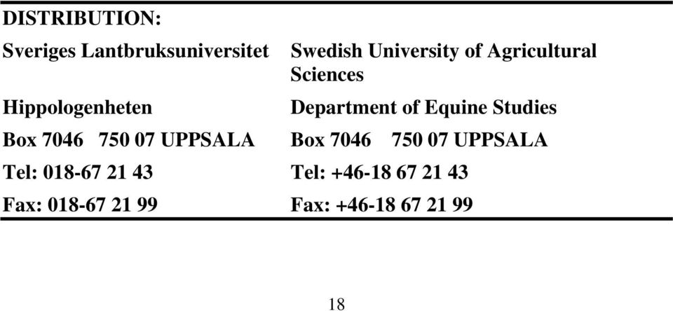 07 UPPSALA Hippologenheten Box 7046 750 07 UPPSALA Tel: 018-67 21