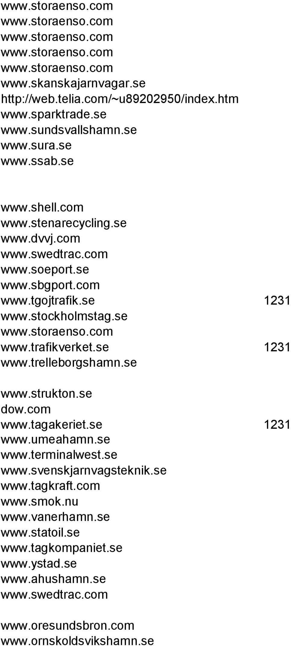 stockholmstag.se www.storaenso.com www.trafikverket.se 1231 www.trelleborgshamn.se www.strukton.se dow.com www.tagakeriet.se 1231 www.umeahamn.se www.terminalwest.se www.svenskjarnvagsteknik.