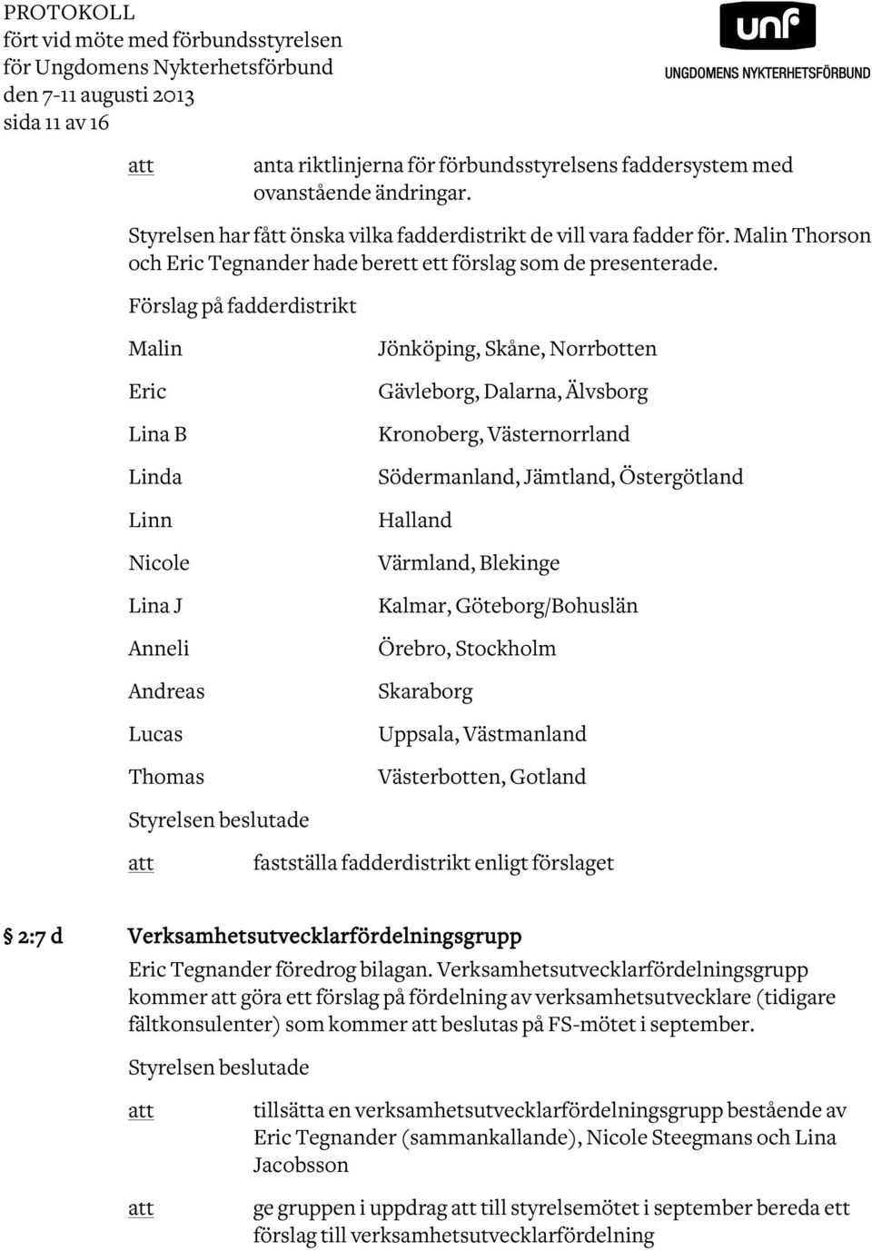 Förslag på fadderdistrikt Malin Eric Lina B Linda Linn Nicole Lina J Anneli Andreas Lucas Thomas Jönköping, Skåne, Norrbotten Gävleborg, Dalarna, Älvsborg Kronoberg, Västernorrland Södermanland,