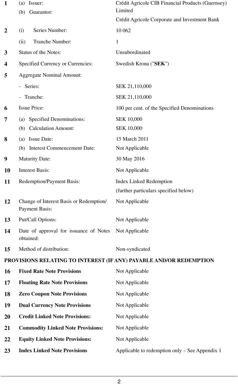 of the Specified Denominations 7 (a) Specified Denominations: (b) Calculation Amount: 8 (a) Issue Date: (b) Interest Commencement Date: SEK 10,000 SEK 10,000 15 March 2011 9 Maturity Date: 30 May