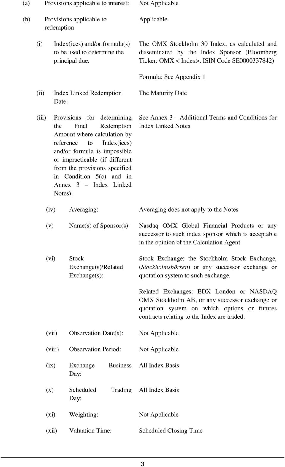 specified in Condition 5(c) and in Annex 3 Index Linked Notes): The OMX Stockholm 30 Index, as calculated and disseminated by the Index Sponsor (Bloomberg Ticker: OMX < Index>, ISIN Code