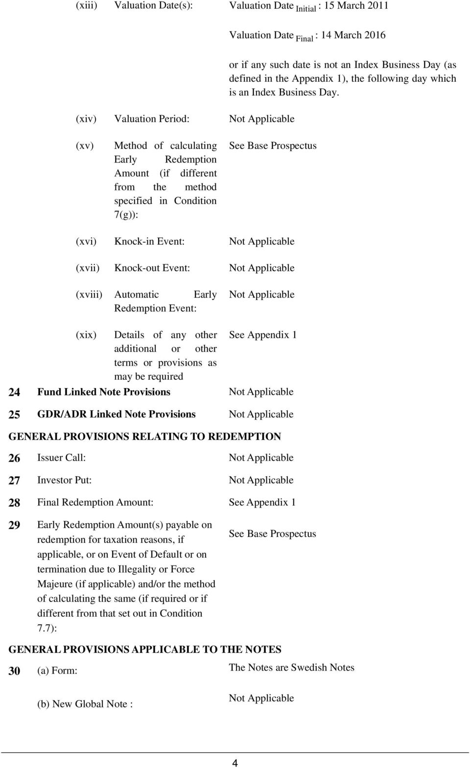 (xv) Method of calculating Early Redemption Amount (if different from the method specified in Condition 7(g)): See Base Prospectus (xvi) Knock-in Event: (xvii) Knock-out Event: (xviii) Automatic