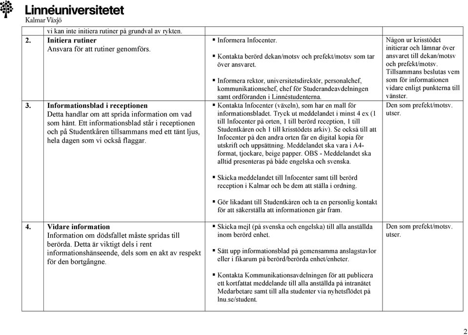 Detta är viktigt dels i rent informationshänseende, dels som en akt av respekt för den bortgångne. Informera Infocenter. Kontakta berörd dekan/motsv och prefekt/motsv som tar över ansvaret.