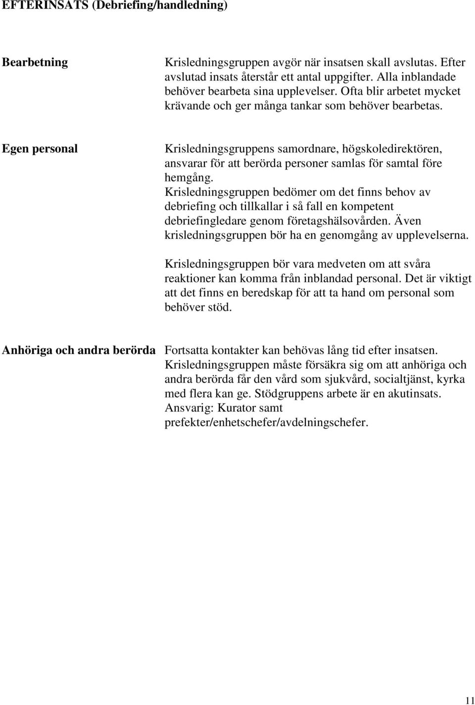 Egen personal Krisledningsgruppens samordnare, högskoledirektören, ansvarar för att berörda personer samlas för samtal före hemgång.