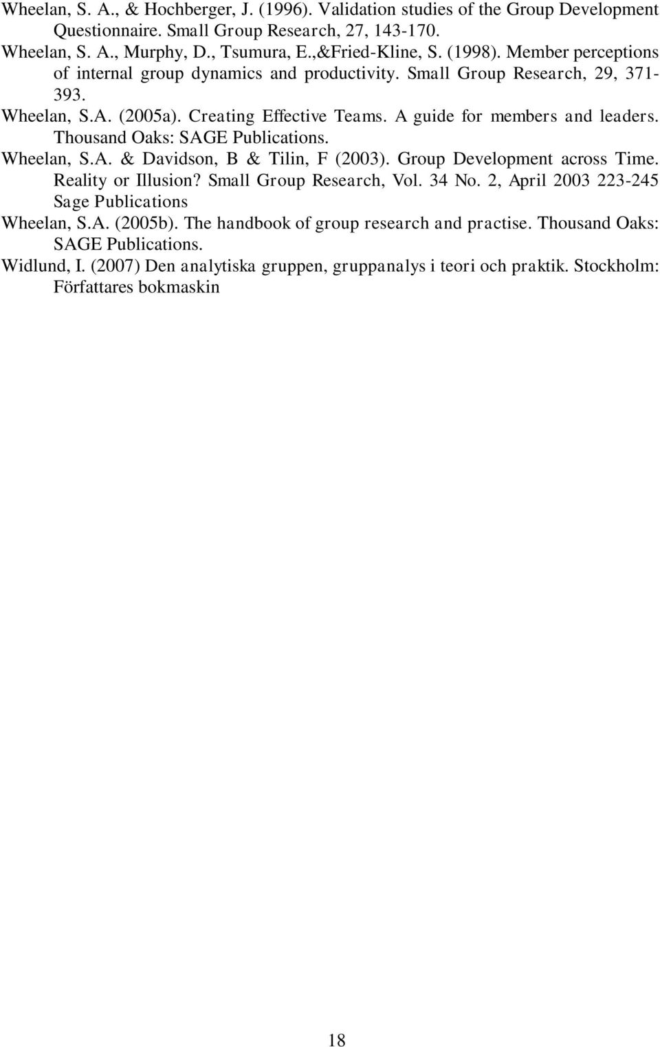 Thousand Oaks: SAGE Publications. Wheelan, S.A. & Davidson, B & Tilin, F (2003). Group Development across Time. Reality or Illusion? Small Group Research, Vol. 34 No.