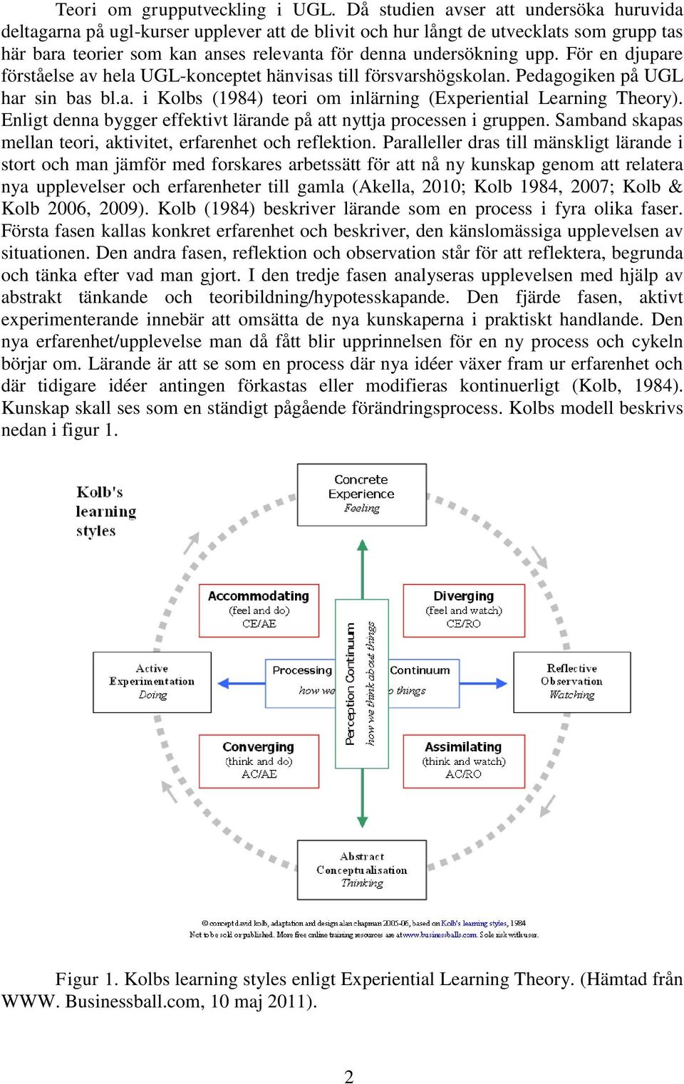 För en djupare förståelse av hela UGL-konceptet hänvisas till försvarshögskolan. Pedagogiken på UGL har sin bas bl.a. i Kolbs (1984) teori om inlärning (Experiential Learning Theory).