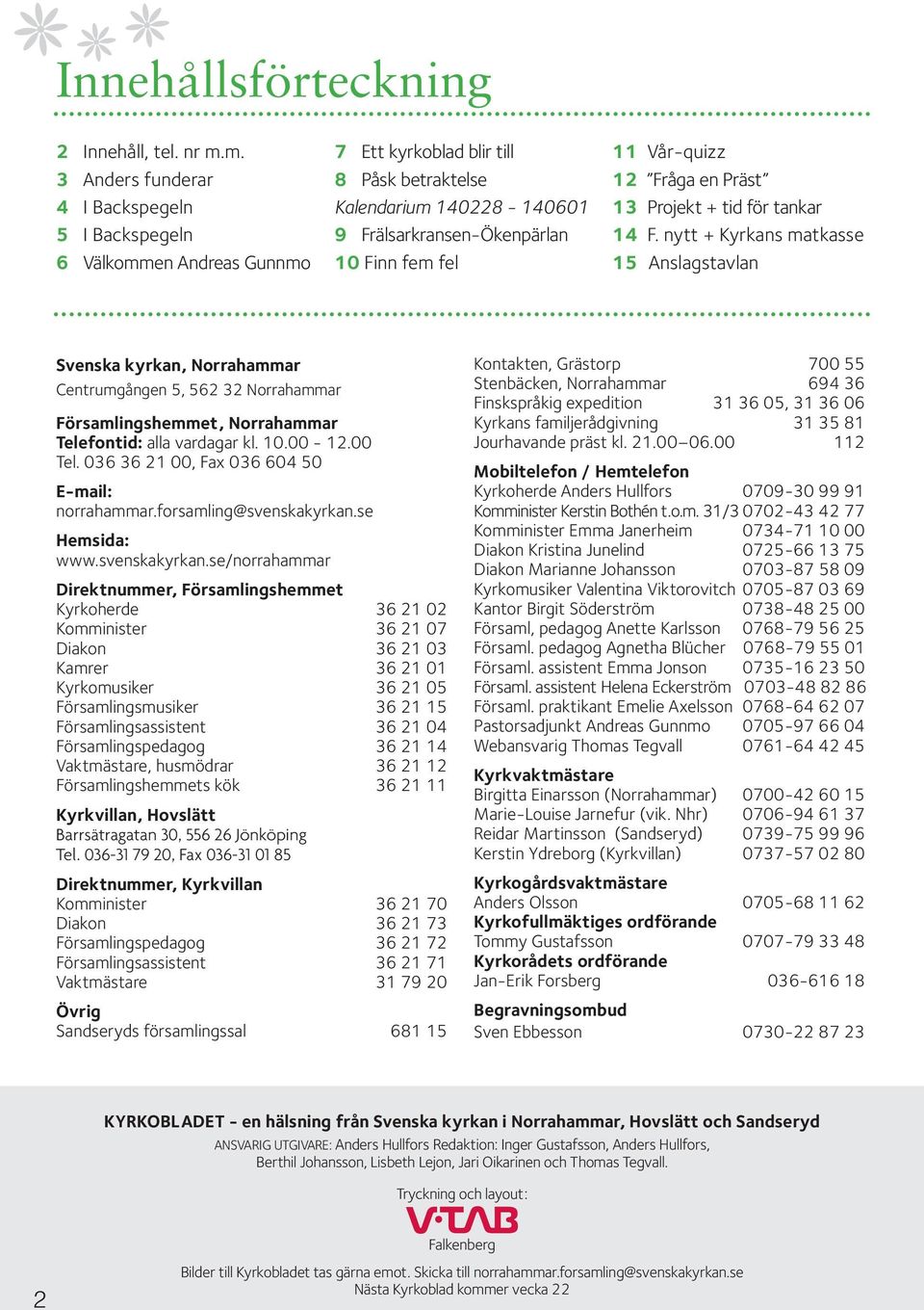 Vår-quizz 12 Fråga en Präst 13 Projekt + tid för tankar 14 F.