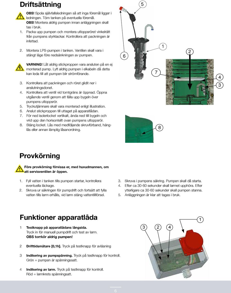 Ventilen skall vara i stängt läge före nedsänkningen av pumpen. 6 VARIG åt aldrig stickproppen vara ansluten på en ej monterad pump.