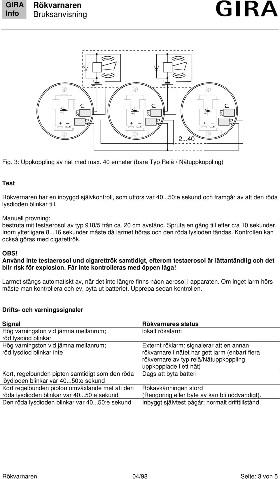 Inom ytterligare 8...16 sekunder måste då larmet höras och den röda lysioden tändas. Kontrollen kan också göras med cigarettrök. OBS!