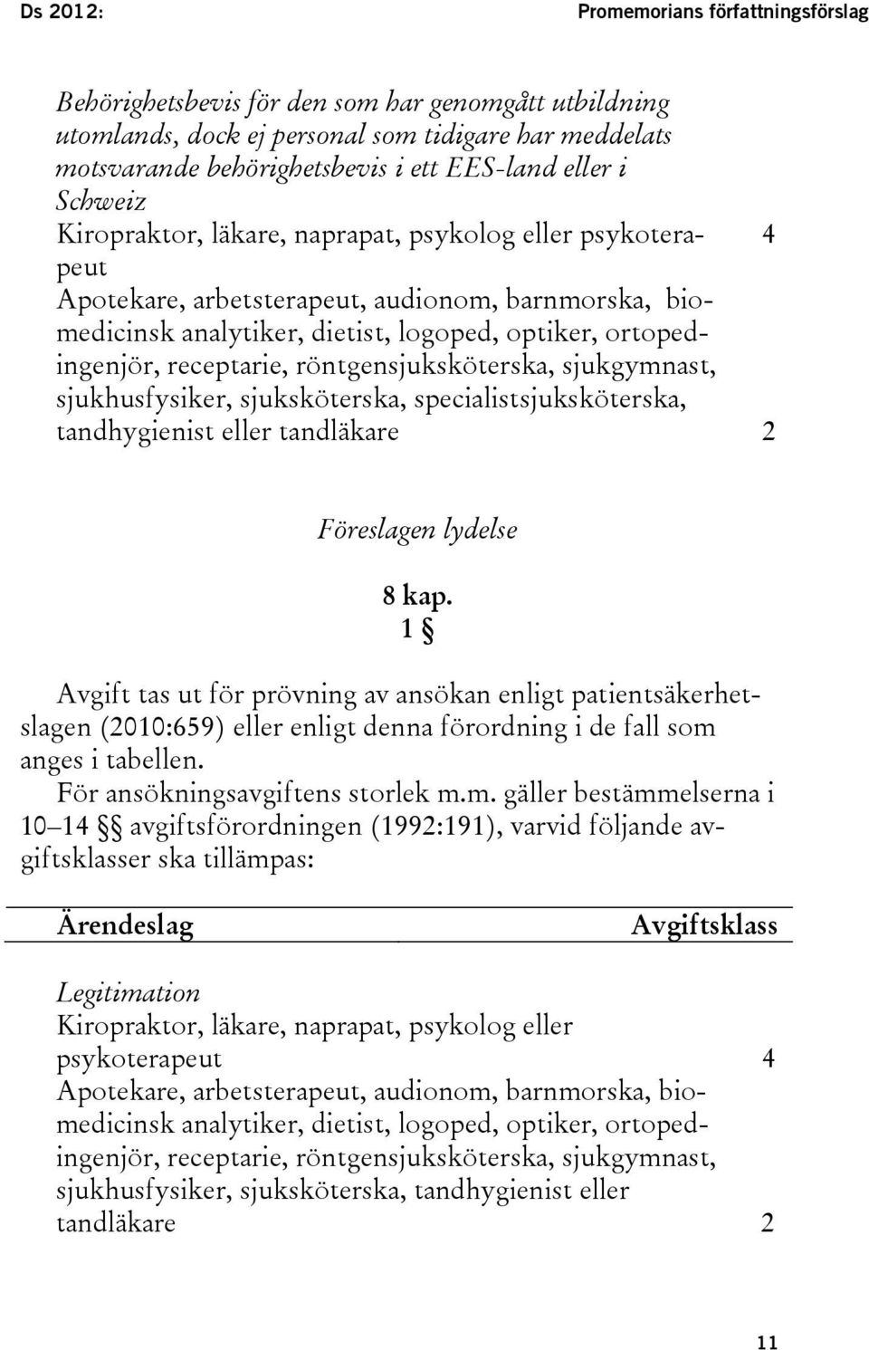 receptarie, röntgensjuksköterska, sjukgymnast, sjukhusfysiker, sjuksköterska, specialistsjuksköterska, tandhygienist eller tandläkare 2 Föreslagen lydelse 8 kap.