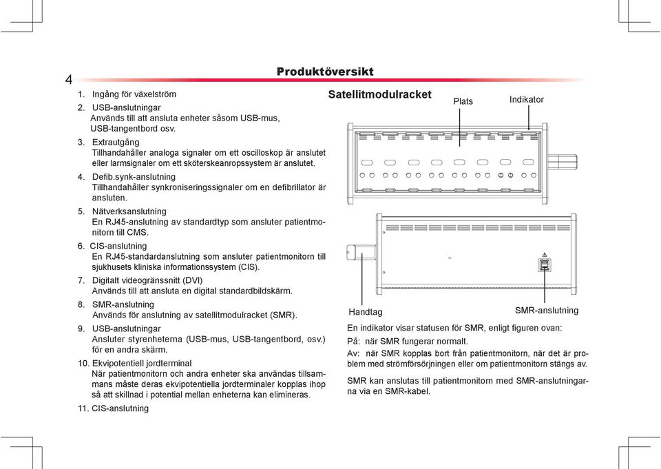 synk-anslutning Tillhandahåller synkroniseringssignaler om en defi brillator är ansluten. 5. Nätverksanslutning En RJ45-anslutning av standardtyp som ansluter patientmonitorn till CMS. 6.