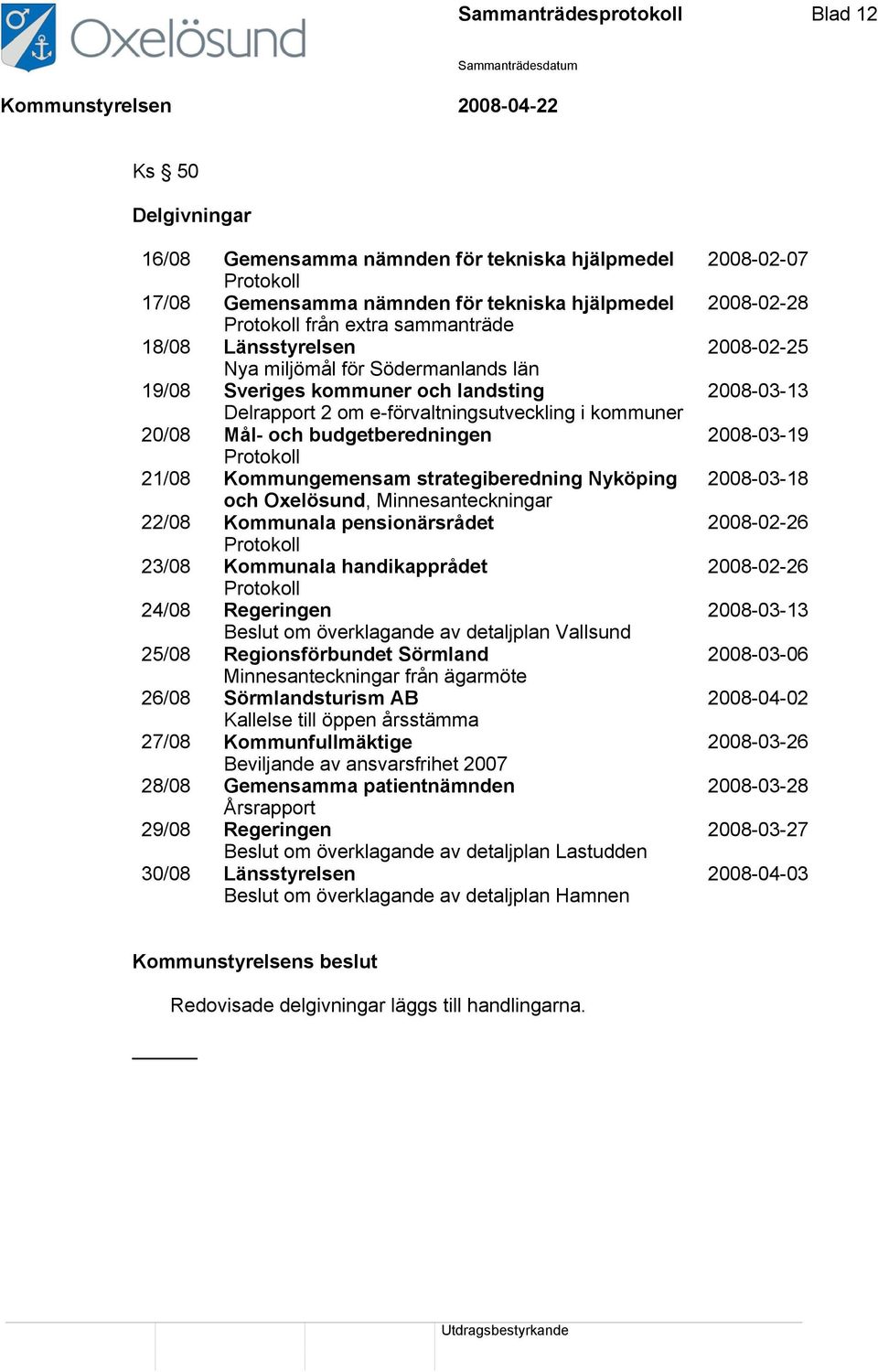 Kommungemensam strategiberedning Nyköping och Oxelösund, Minnesanteckningar 22/08 Kommunala pensionärsrådet Protokoll 23/08 Kommunala handikapprådet Protokoll 24/08 Regeringen Beslut om överklagande