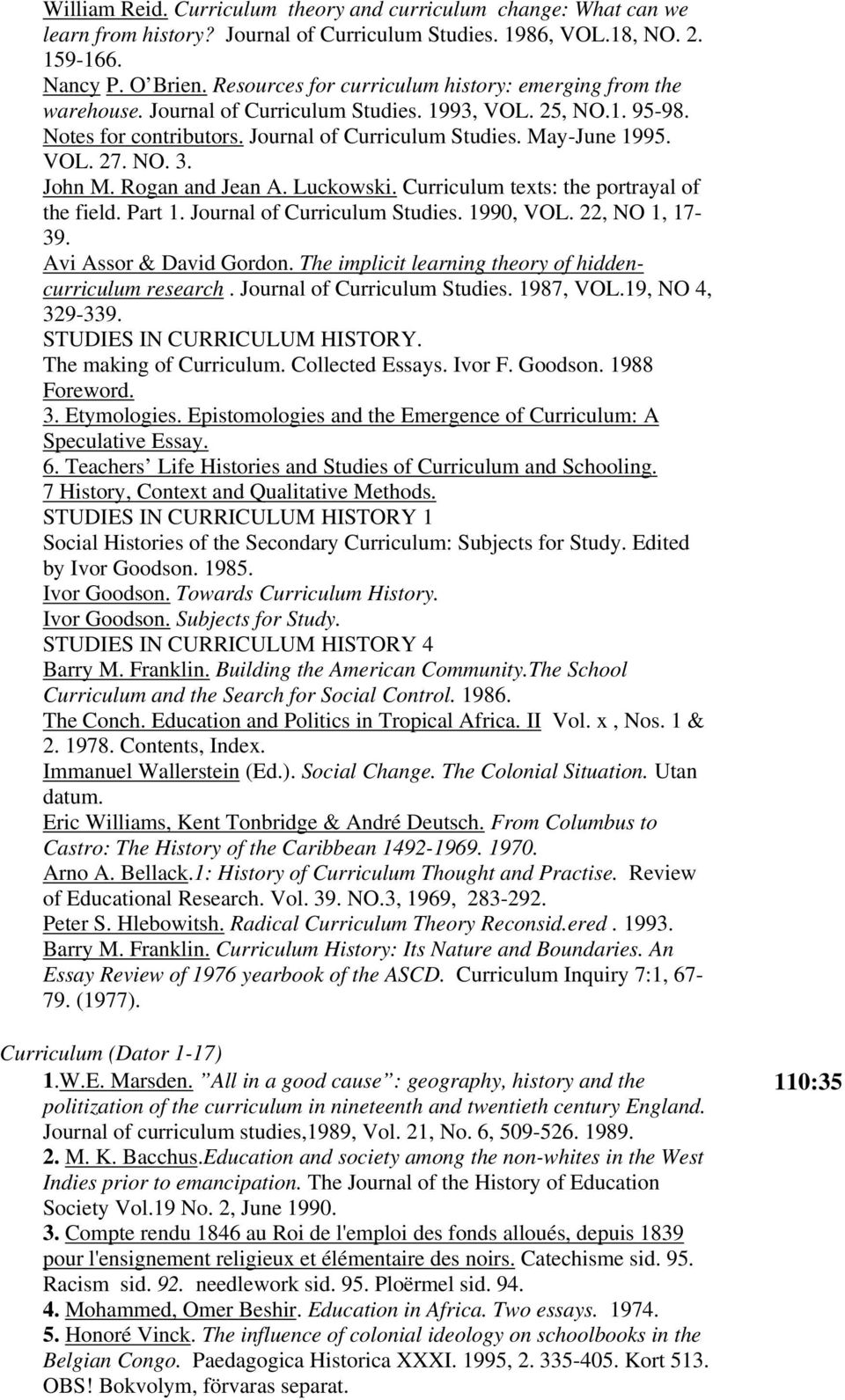 NO. 3. John M. Rogan and Jean A. Luckowski. Curriculum texts: the portrayal of the field. Part 1. Journal of Curriculum Studies. 1990, VOL. 22, NO 1, 17-39. Avi Assor & David Gordon.