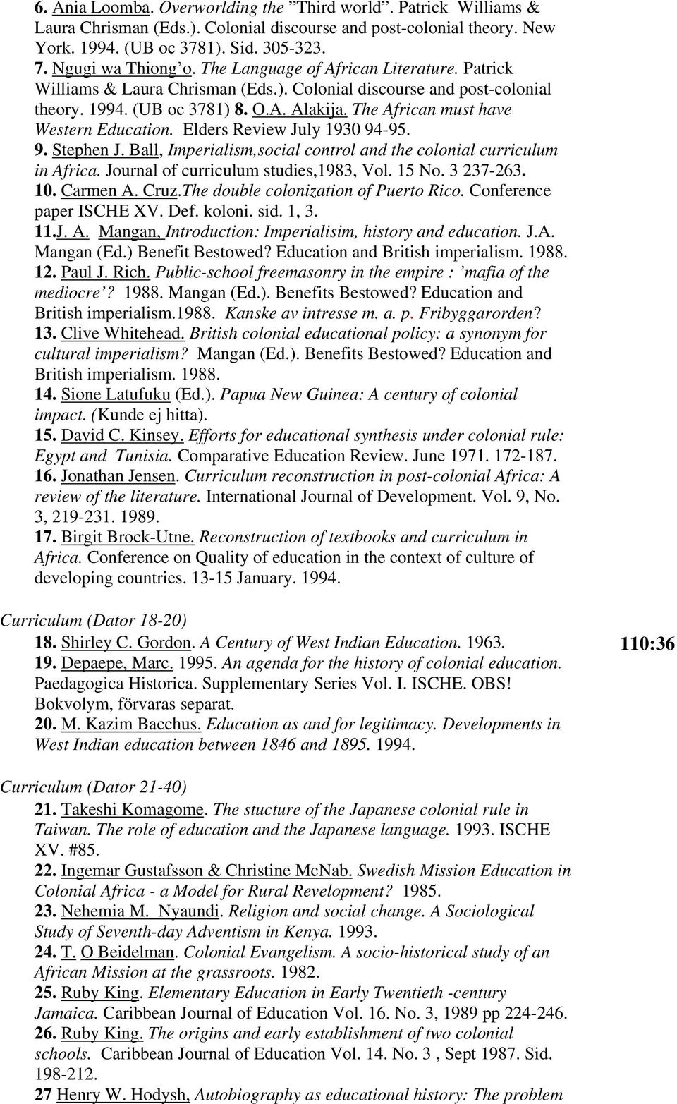 Elders Review July 1930 94-95. 9. Stephen J. Ball, Imperialism,social control and the colonial curriculum in Africa. Journal of curriculum studies,1983, Vol. 15 No. 3 237-263. 10. Carmen A. Cruz.