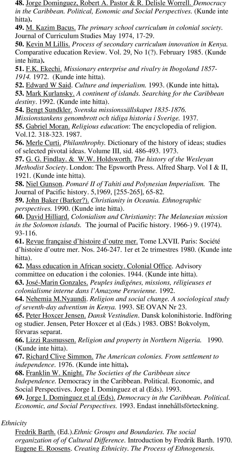Vol. 29, No 1(?). February 1985. (Kunde inte hitta). 51. F.K. Ekechi. Missionary enterprise and rivalry in Ibogoland 1857-1914. 1972. (Kunde inte hitta). 52. Edward W Said. Culture and imperialism.