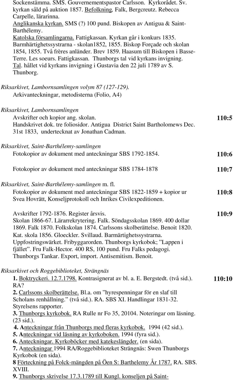 Två frères anländer. Brev 1859. Haasum till Biskopen i Basse- Terre. Les soeurs. Fattigkassan. Thunborgs tal vid kyrkans invigning. Tal. hållet vid kyrkans invigning i Gustavia den 22 juli 1789 av S.