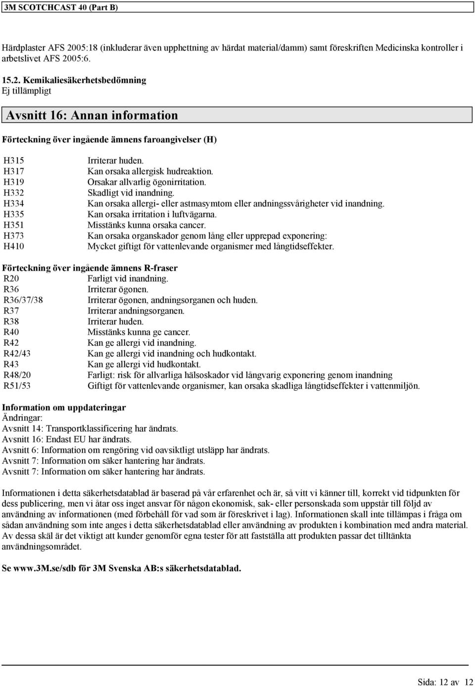 05:6. 15.2. Kemikaliesäkerhetsbedömning Ej tillämpligt Avsnitt 16: Annan information Förteckning över ingående ämnens faroangivelser (H) H315 H317 H319 H332 H334 H335 H351 H373 H410 Irriterar huden.