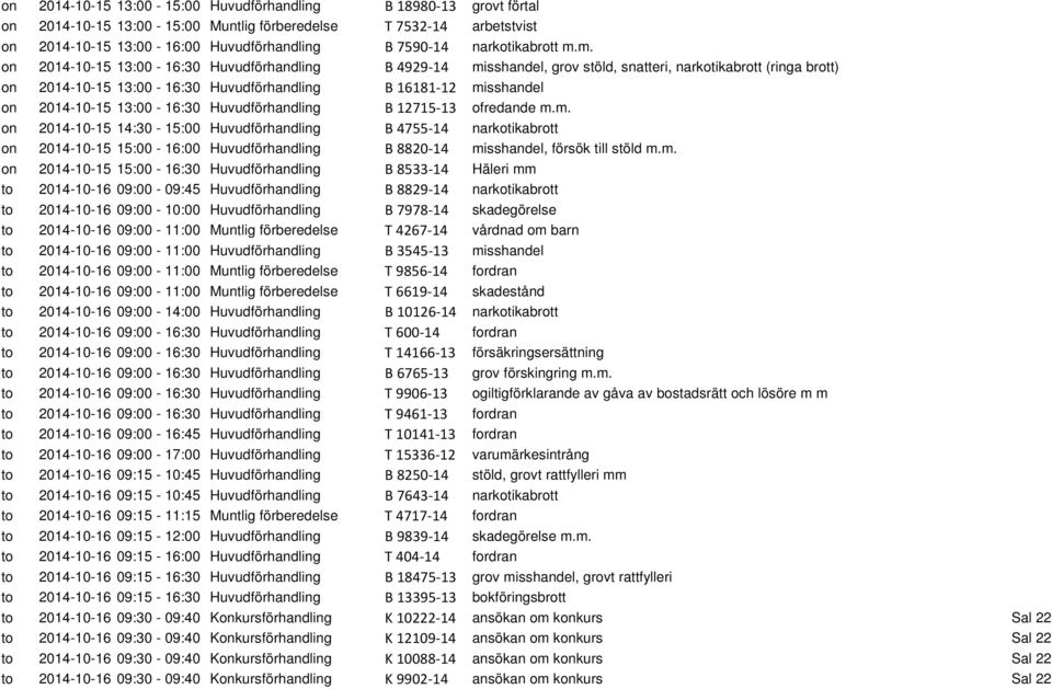 m. on 2014-10-15 13:00-16:30 Huvudförhandling B 4929-14 misshandel, grov stöld, snatteri, narkotikabrott (ringa brott) on 2014-10-15 13:00-16:30 Huvudförhandling B 16181-12 misshandel on 2014-10-15