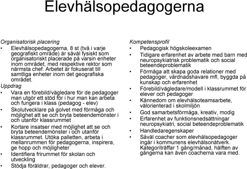 Uppdrag Vara en förebild/vägledare för de pedagoger man utgör ett stöd för i hur man kan arbeta och fungera i klass (pedagog - elev) Skolutvecklare på golvet med förmåga och möjlighet att se och