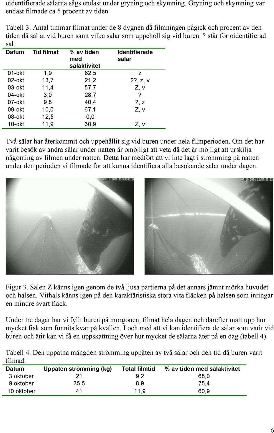 Datum Tid filmat % av tiden med sälaktivitet Identifierade sälar 01-okt 1,9 82,5 z 02-okt 13,7 21,2 2?, z, v 03-okt 11,4 57,7 Z, v 04-okt 3,0 28,7? 07-okt 9,8 40,4?