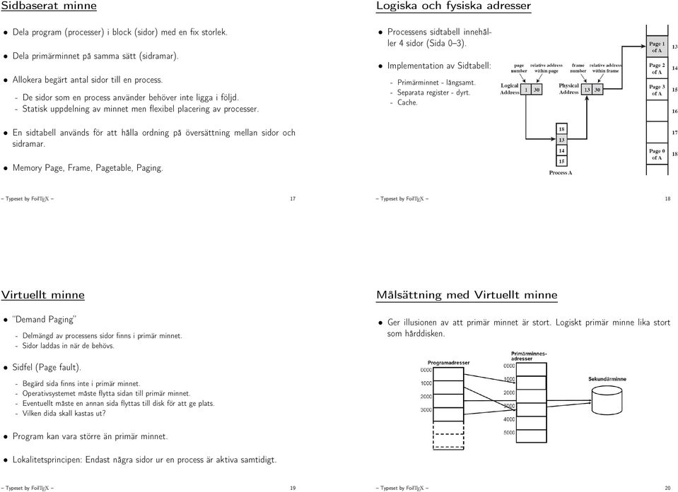 Logiska och fysiska adresser Processens sidtabell innehåller 4 sidor (Sida 0 3). Implementation av Sidtabell: - Primärminnet - långsamt. - Separata register - dyrt. - Cache.