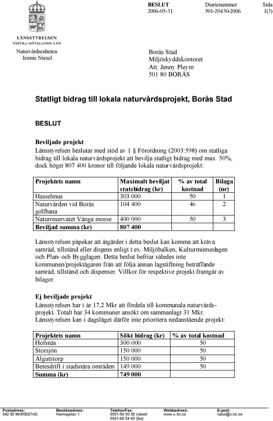 naturvårdsprojekt att bevilja statligt bidrag med max 50%, dock högst 807 400 kronor till följande lokala naturvårdsprojekt: Projektets namn Maximalt beviljat statsbidrag (kr) % av total kostnad