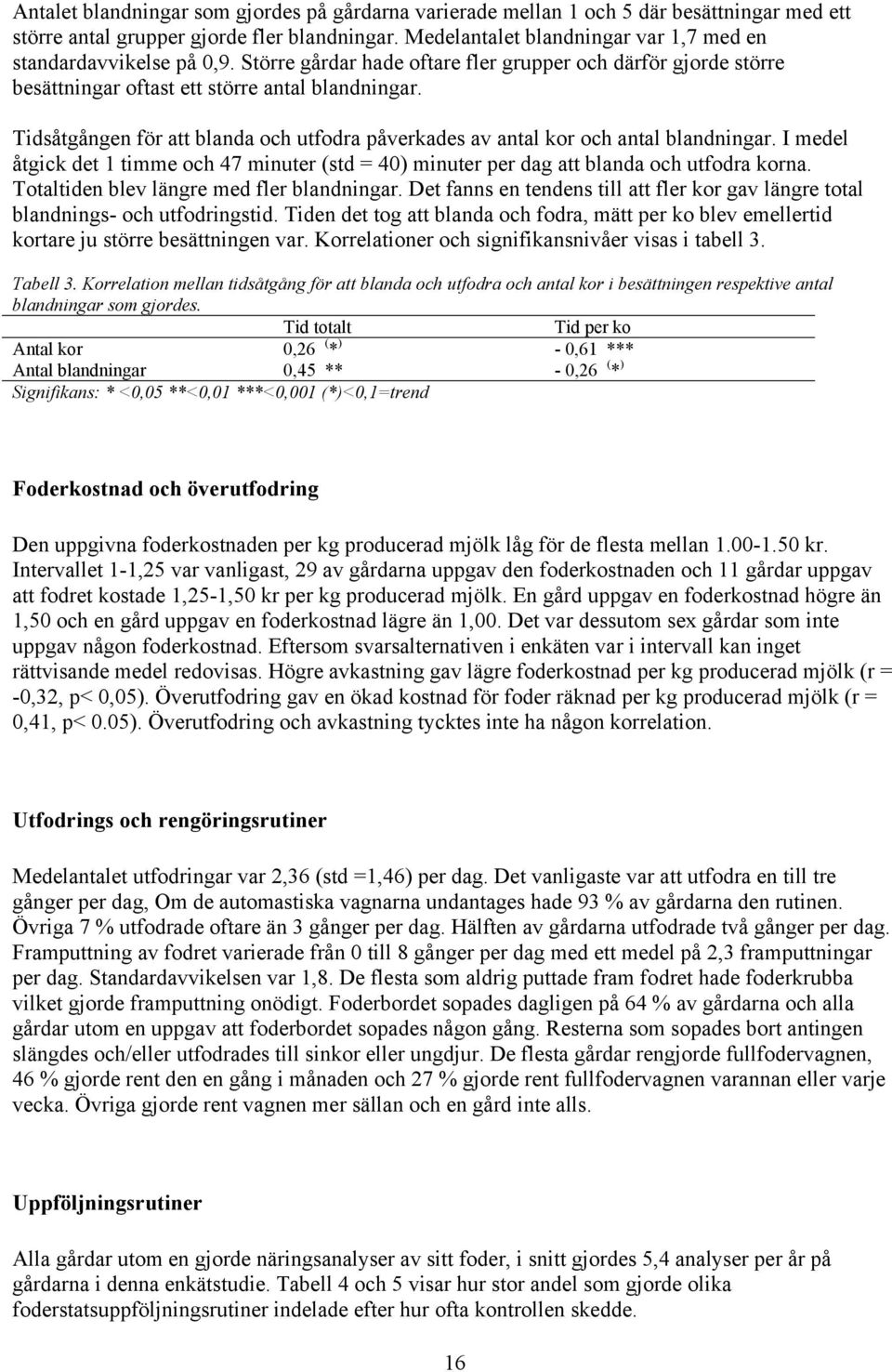 Tidsåtgången för att blanda och utfodra påverkades av antal kor och antal blandningar. I medel åtgick det 1 timme och 47 minuter (std = 40) minuter per dag att blanda och utfodra korna.