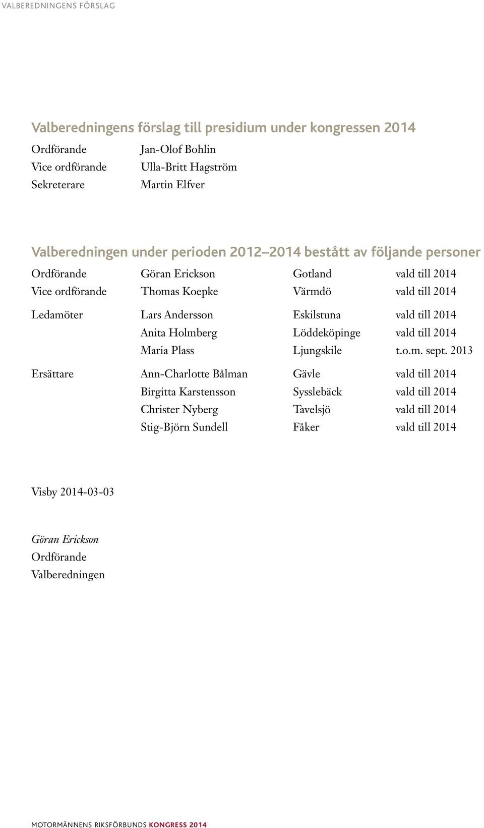 Andersson Eskilstuna vald till 2014 Anita Holmberg Löddeköpinge vald till 2014 Maria Plass Ljungskile t.o.m. sept.