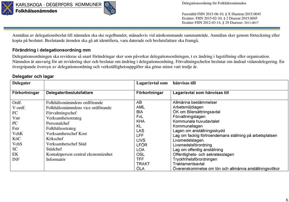 Förändring i delegationsordning mm Delegationsordningen ska revideras så snart förändringar sker som påverkar delegationsordningen, t ex ändring i lagstiftning eller organisation.