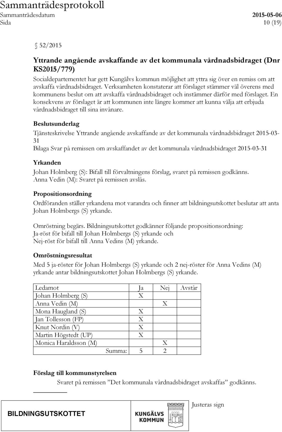 En konsekvens av förslaget är att kommunen inte längre kommer att kunna välja att erbjuda vårdnadsbidraget till sina invånare.